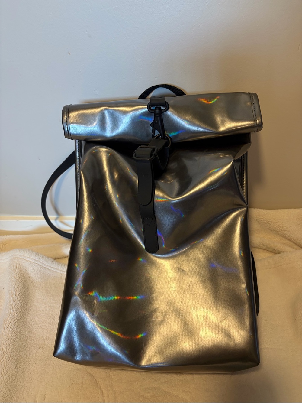 Rains Waterproof Holographic Silver Roll-Top Backpack